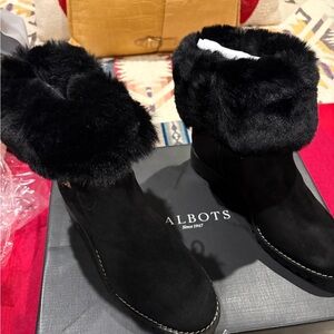 Talbots Brand New Black Suede Boots with Fur Trim